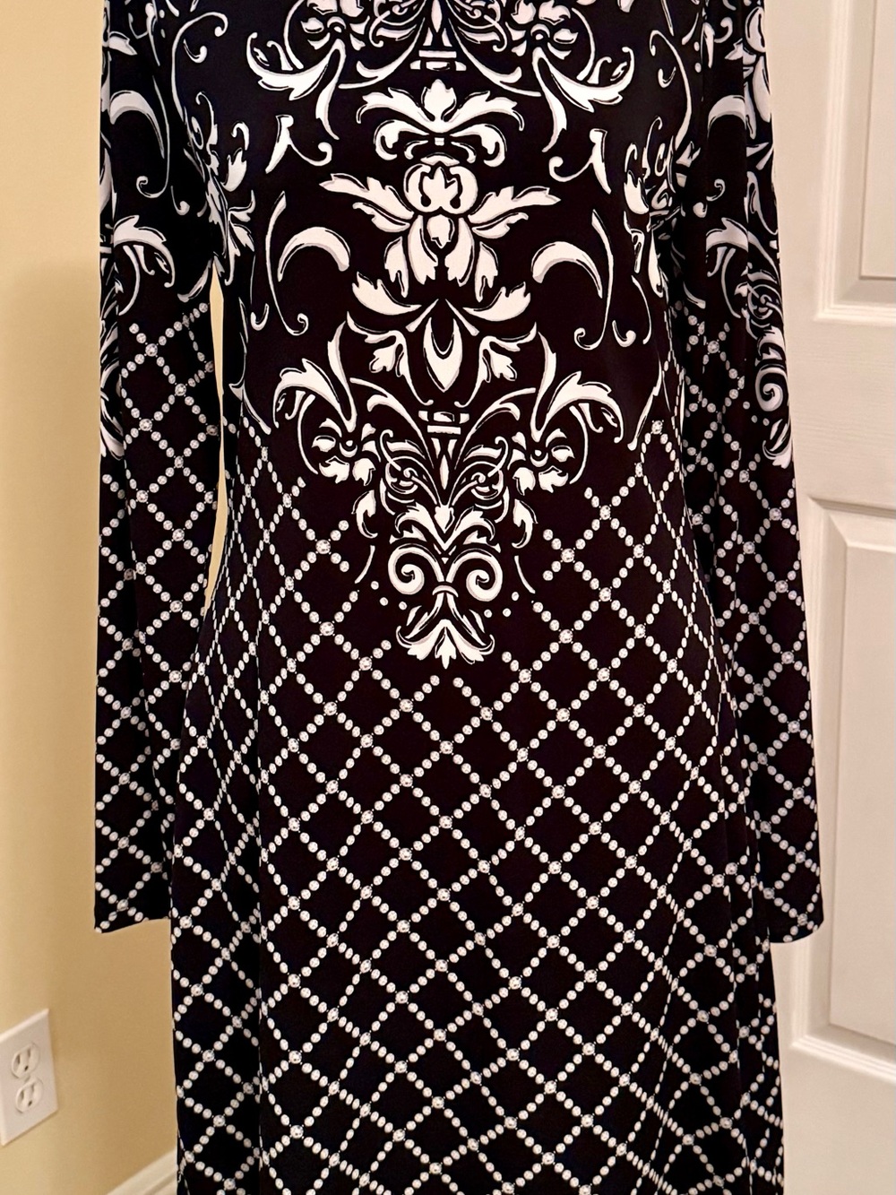 White House Black Market Black and White Long Sleeve Baroque Print Dress